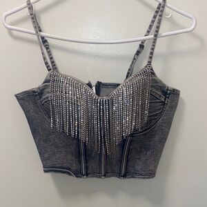Tiger Mist Gray Rhinestone Crop Top